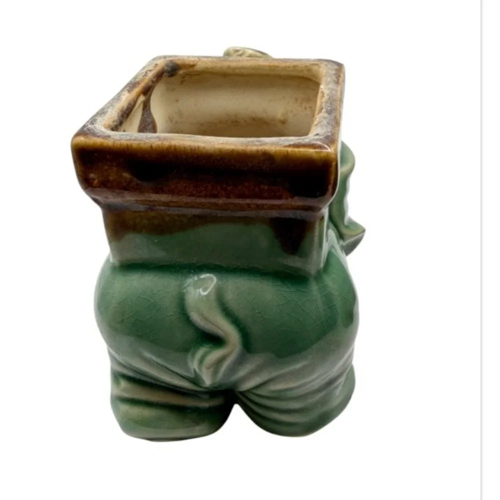 VTG Lucky Trunk Up Elephant Planter Cachepot Pair  Ceramic Green Brown MCM Decor